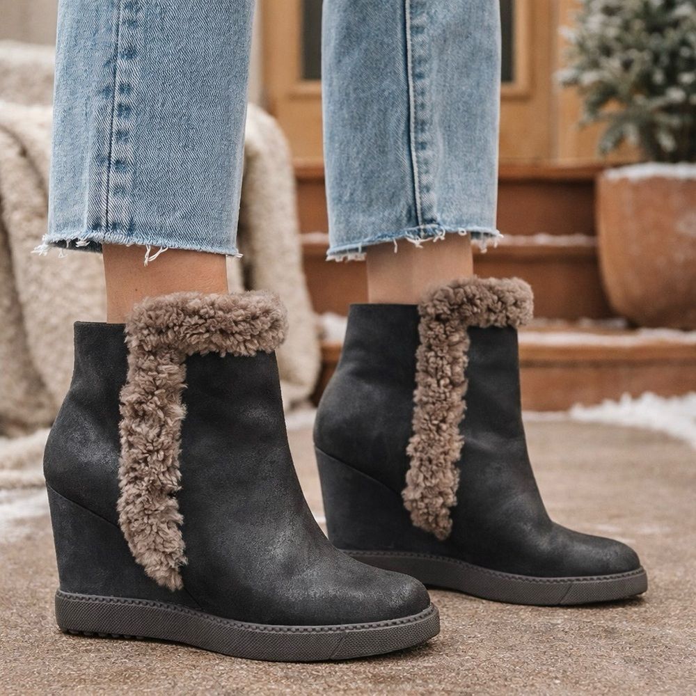 See by Chloé Shearling Trim Wedge Ankle Boots  Black Leather EU 37,5 US 7 Luxury